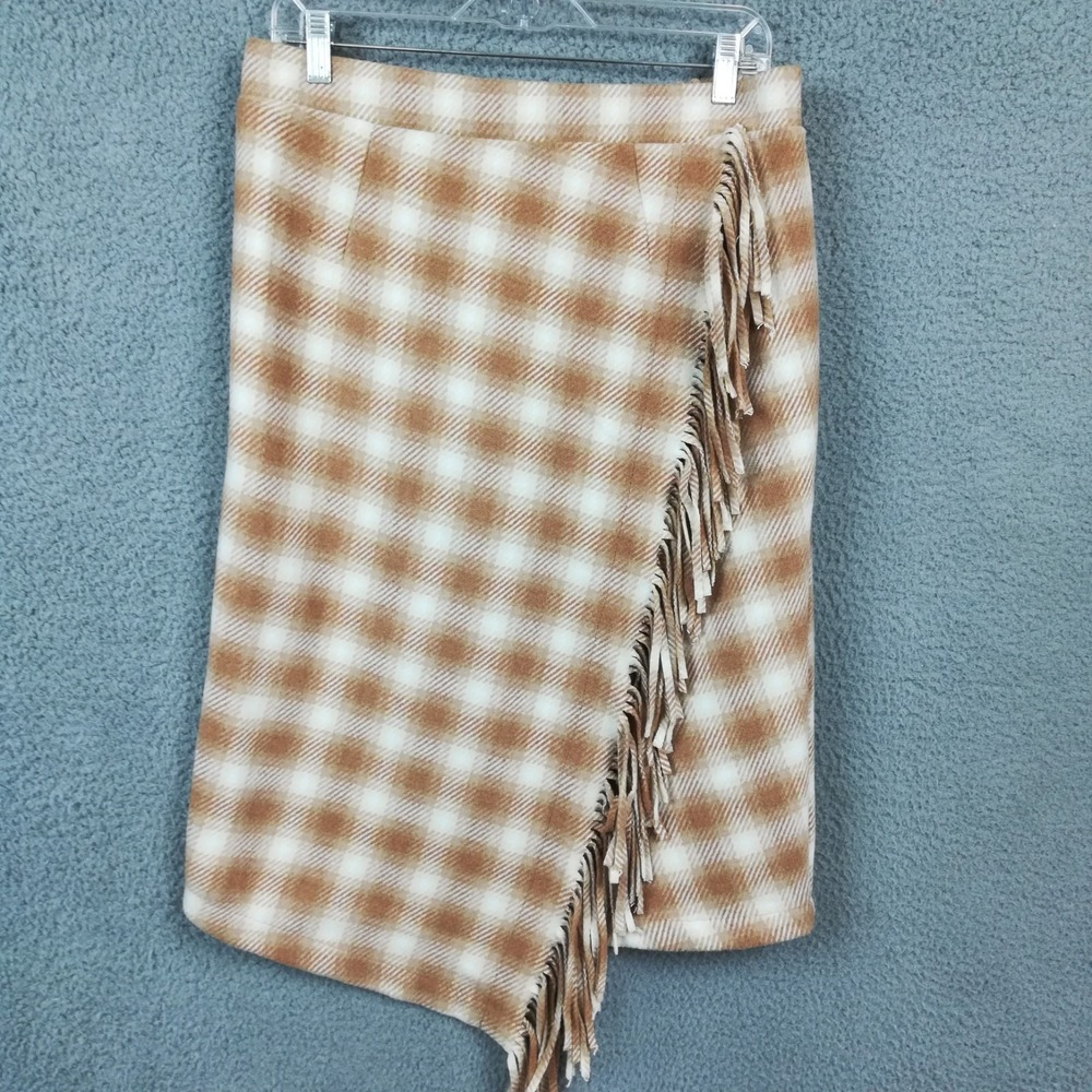 Time And Tru Womens Skirt Faux Wrap‎ Wool Blend Mocha Beige Plaid Knee Length M
